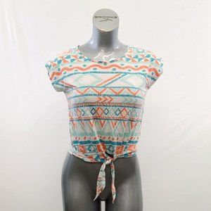 Ardene Women's Tie Front T Shirt Size Small Round Neck White Orange Teal Pattern